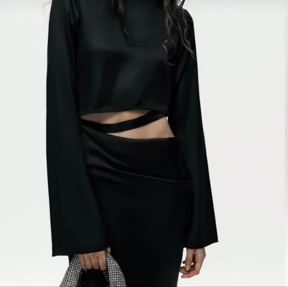 NWT Zara Black Satin Effect Cutout Waist Strap Maxi Dress, Size M - Picture 6 of 17